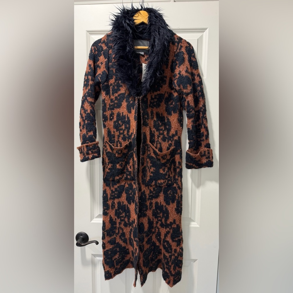 Anthropologie Long Rust & Navy Statement Coat w Faux Fur Collar Size S NWT